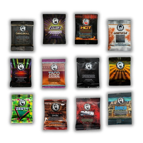 The Bearded Butchers 12-Pack Travel Size Seasoning Sampler (10-20g) – Gift Set with All Flavors! Original, Chipotle, Cajun, Hot, Hollywood, Butter, Zesty Lime, Cinnamon, Ranch, Taco & more.