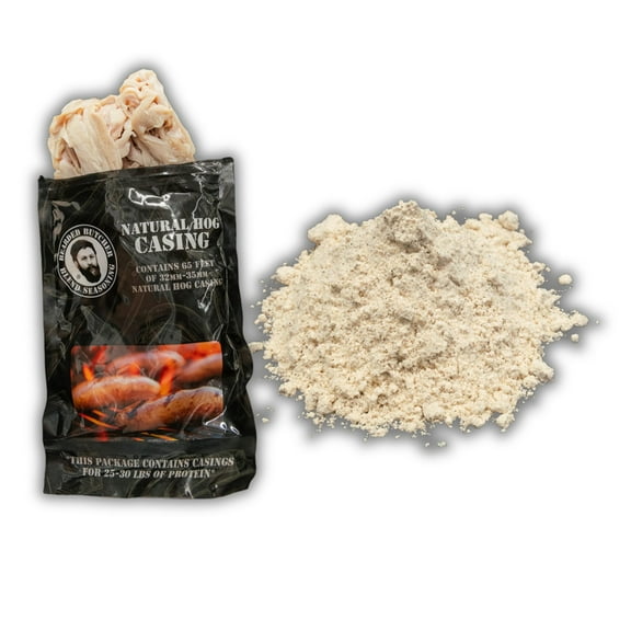 The Bearded Butchers Beer Bratwurst DIY Kit, Includes Beer Bratwurst Seasoning & Natural Hog Casings for up to 25 lbs Meat, Add Beer for Extra Flavor