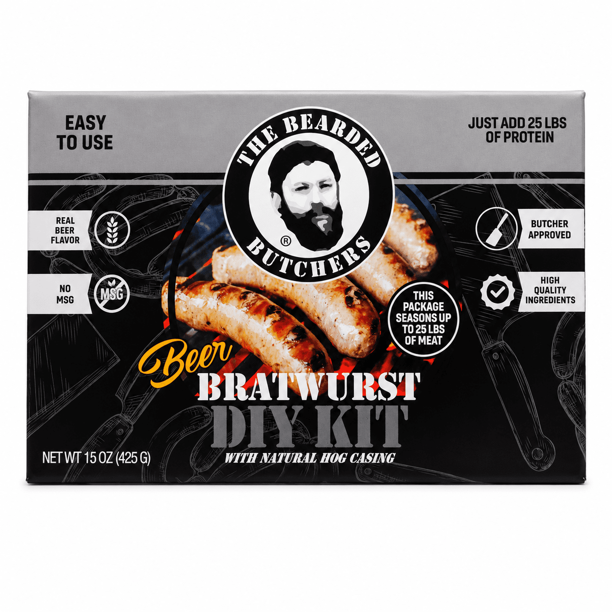 The Bearded Butchers Beer Bratwurst DIY Kit, Includes Beer Bratwurst Seasoning & Natural Hog Casings for up to 25 lbs Meat, Add Beer for Extra Flavor