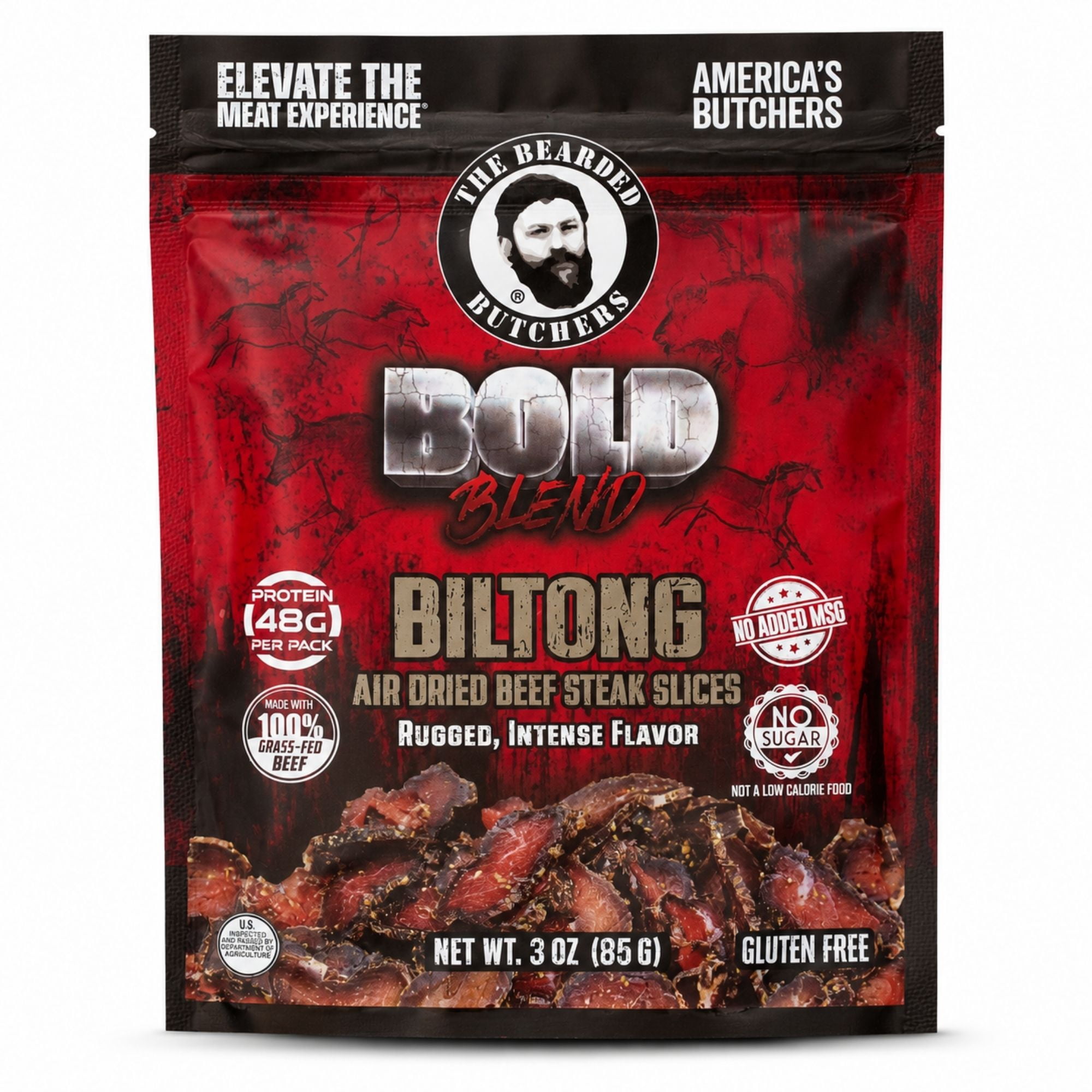 The Bearded Butchers Bold Blend Biltong, 3 oz – Air-Dried Beef Snack, High Protein, Zero Sugar, Gluten-Free, 39g of Protein Per Pack