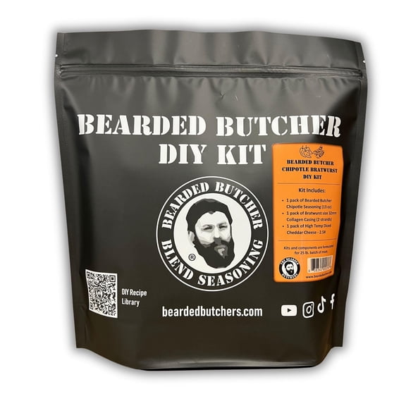 The Bearded Butchers Chipotle Bratwurst DIY Kit Make Smoky & Savory Brats Includes Chipotle Seasoning, High Temp Cheddar Cheese & 32mm Collagen Casings For Up to 25 lbs Meat