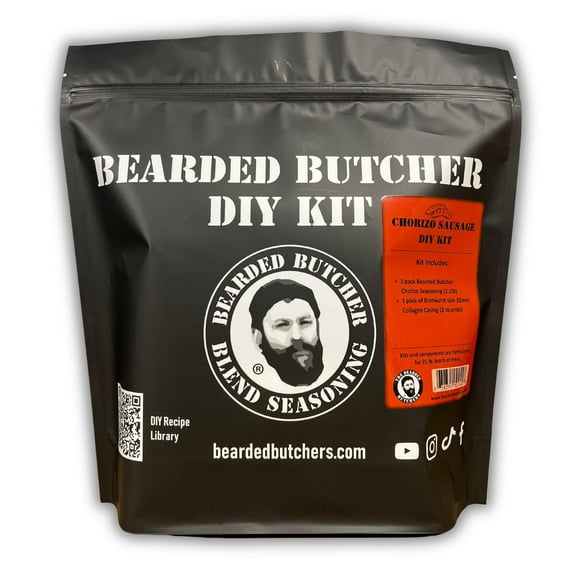 The Bearded Butchers Chorizo Sausage DIY Kit Authentic Spiced Chorizo Seasoning & 32mm Collagen Casings For Up to 25 lbs Meat Mild Heat Add Pork, Beef, Venison, Wild Game