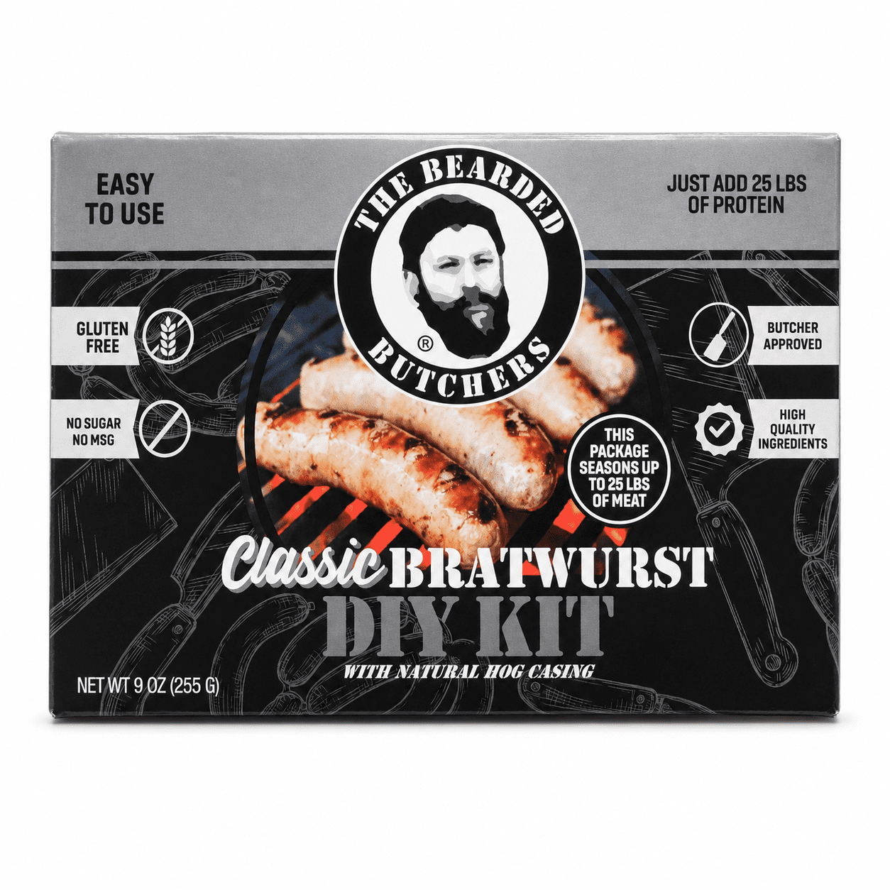 The Bearded Butchers Classic Bratwurst DIY Kit, Seasons up to 25 lbs Meat, Includes Bratwurst Seasoning & 32mm-35mm Natural Hog Casings