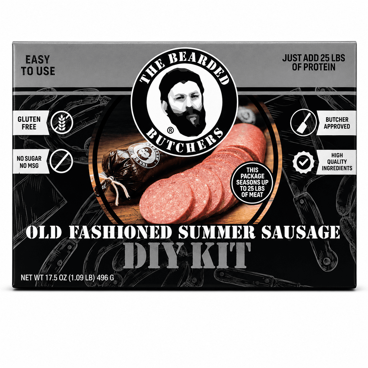 The Bearded Butchers DIY Old Fashioned Summer Sausage Kit, up to 25 lbs Meat, Includes Salt & Pepper, Curing Salt, Garlic, Citric Acid, Fibrous Casings