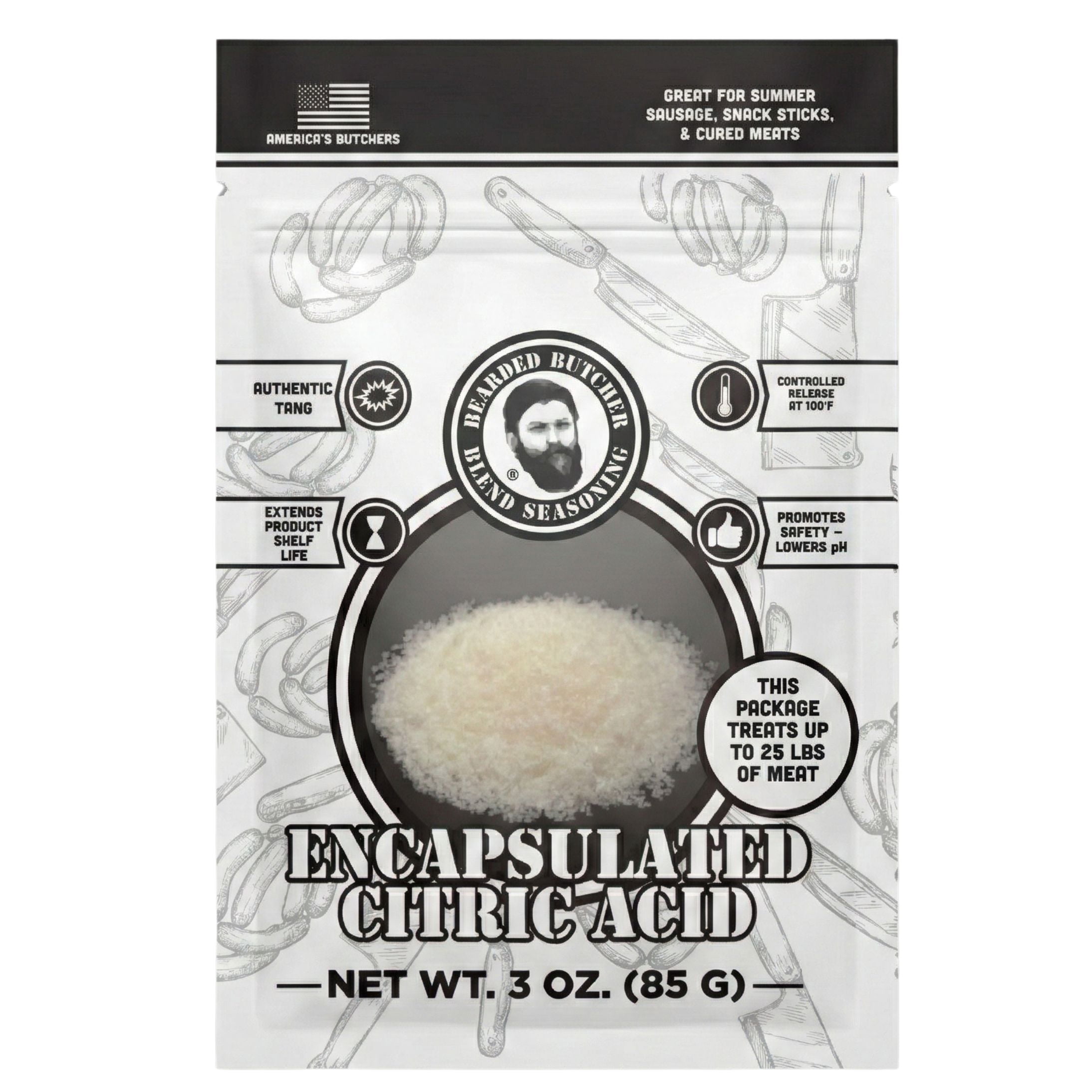 Bearded Butchers Encapsulated Citric Acid 60%, 3 oz Pack, Non-GMO, Sausage Tang Flavor for Meat Processing  Makes 25 lb of Summer Sausage, Jerky, Beef Sticks