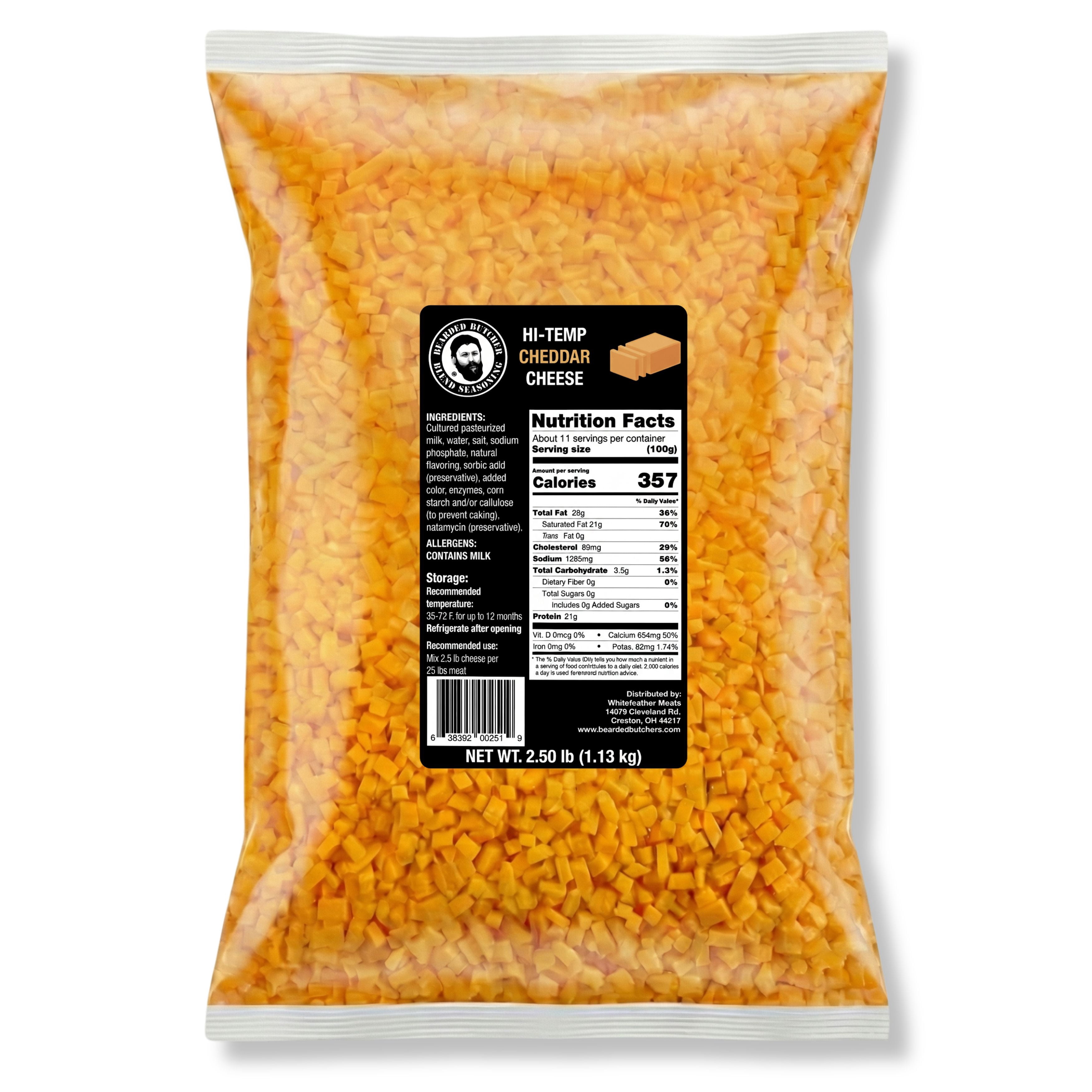 The Bearded Butchers High-Temp Cheddar Cheese 2.5 lb – 1/4" Cubes for Sausage, Brats & More, Shelf-Stable