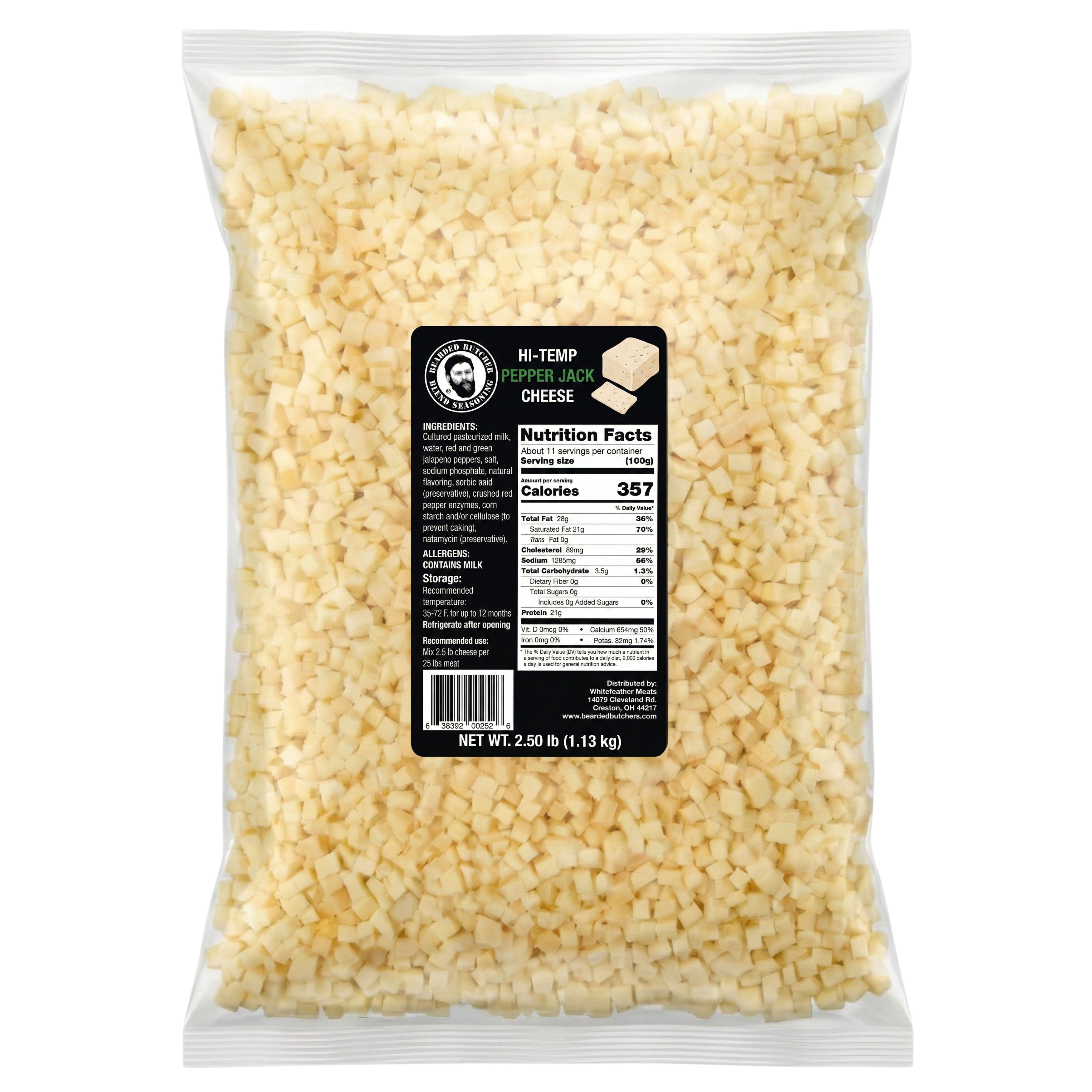 The Bearded Butchers High-Temp Pepper Jack Cheese 2.5 lb – 1/4" Cubes for Sausage, Brats & Burgers, Shelf-Stable