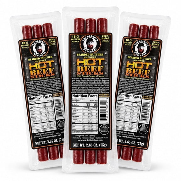 Bearded Butchers Hot Beef Sticks, 18g Protein Habanero Heat, Stuffed with Ghost Pepper Cheese, No MSG, Gluten Free, No Nitrates Added, Clean Ingredients, Ready to Eat, 2.65 oz (3-Pack)