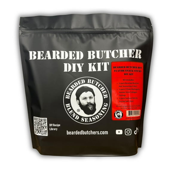 The Bearded Butchers Hot Flavor Snack Sticks DIY Kit Make Spicy Habanero Snack Sticks at Home Includes Bearded Butcher Hot Seasoning, 17mm Collagen Casings & Curing Salt Makes 25 lbs
