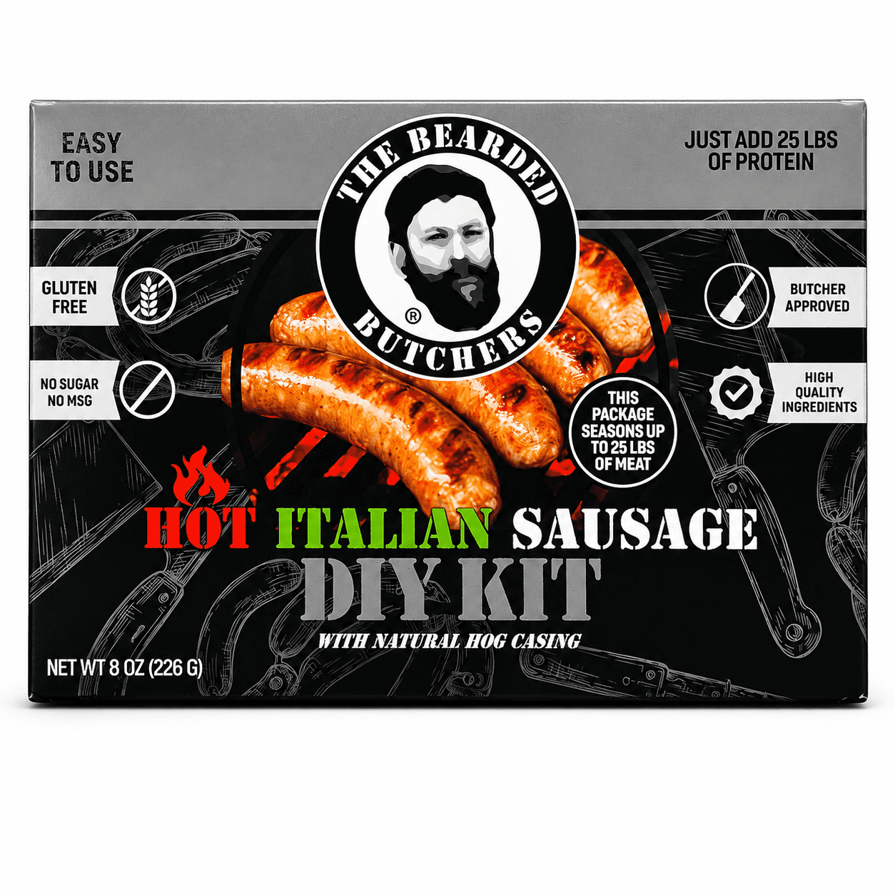 The Bearded Butchers Hot Italian Sausage DIY Kit, up to 25 lbs of Meat, Includes Fennel, Garlic, Red Pepper Flakes, Seasoning & Natural Hog Casings