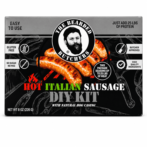 The Bearded Butchers Hot Italian Sausage DIY Kit, up to 25 lbs of Meat, Includes Fennel, Garlic, Red Pepper Flakes, Seasoning & Natural Hog Casings