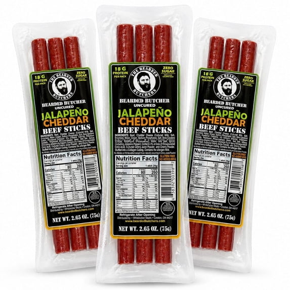 Bearded Butchers Jalapeño Cheddar Beef Sticks, 18g Protein Spicy Meat Snack, Zero Sugar, Gluten Free, No MSG, No Nitrates Added, Clean Ingredients, Ready to Eat for Hiking & Travel, 2.65 oz (3-Pack)