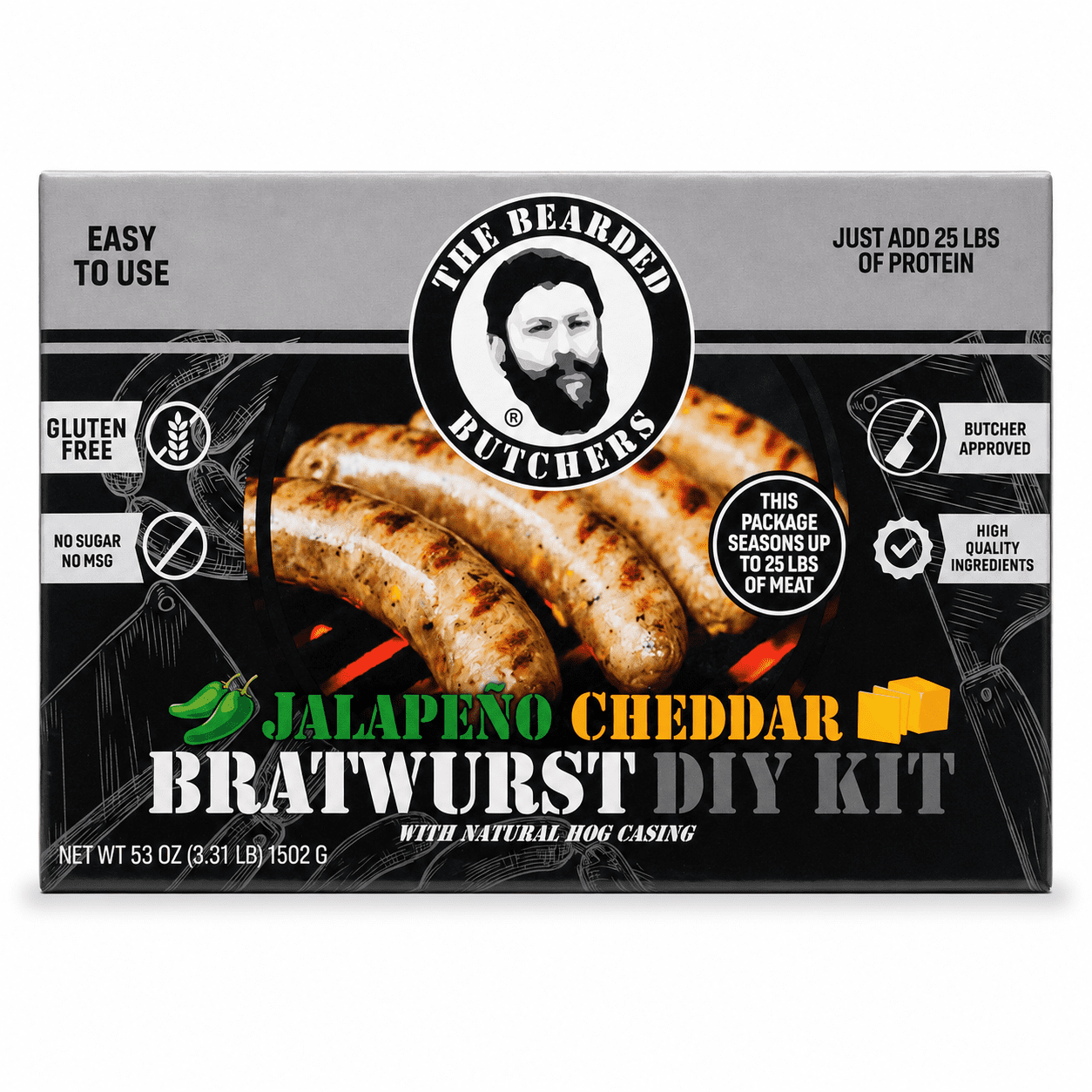 The Bearded Butchers Jalapeño Cheddar Bratwurst DIY Kit for up to 25 lbs of Meat, Includes Seasoning, Jalapeño, Cheddar Cheese & Natural Hog Casings