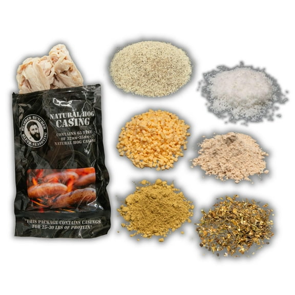 The Bearded Butchers Jalapeo Cheddar Smoked Sausage DIY Kit  Bold & Spicy with Cheddar, Hickory Smoke, Jalapeo Flakes, Salt, Curing Salt & 32mm-35mm Natural Hog Casings  For 25 lbs Meat