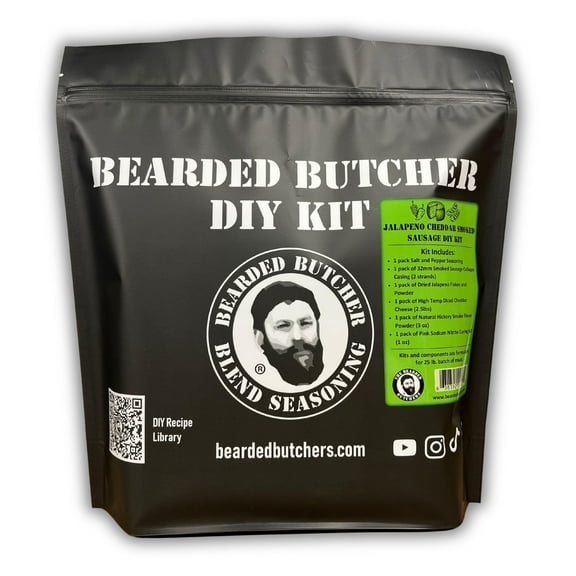 The Bearded Butchers Jalapeo Cheddar Smoked Sausage DIY Kit Bold & Spicy Flavor with High-Temp Cheddar, Hickory Smoke Powder, 32mm Smoked Casings, Jalapeno Flakes, Curing Salt Up to 25 lbs Meat