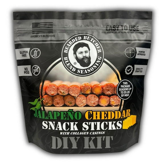 The Bearded Butchers Jalapeo Cheddar Snack Sticks DIY Kit for up to 25 lbs of Meat, Includes Jalapeo Flakes & Powder, Cheddar Cheese, Seasoning, Collagen Casings & Curing Salt
