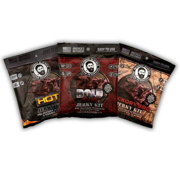 Bearded Butchers Jerky Seasoning & Natural Cure Variety 3 Pack  Hickory BBQ, Bold, and Hot Flavors  Each Makes 10 lbs of Beef, Venison, or Wild Game Jerky  Cure with Celery & Cherry Powder