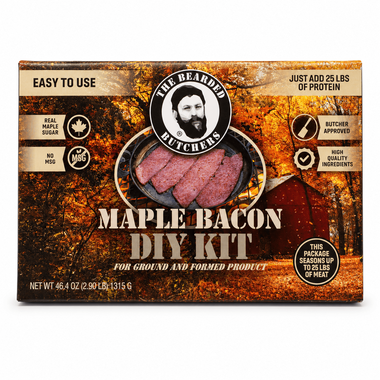The Bearded Butchers Maple Bacon DIY Kit, Seasons Up to 25 lbs of Meat, Includes Maple Sugar Seasoning, Curing Salt, and Cinnamon Swirl Shaker