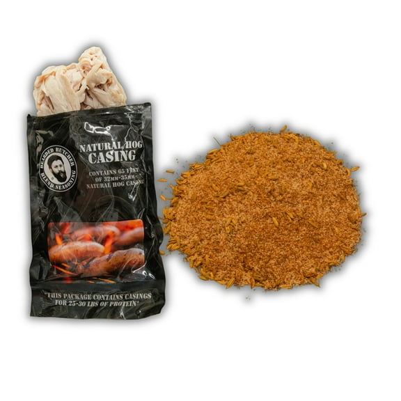 The Bearded Butchers Mild Italian Sausage DIY Kit for up to 25 lbs of Meat, Includes Fennel, Garlic & Paprika, 8oz Seasoning & Natural Hog Casings