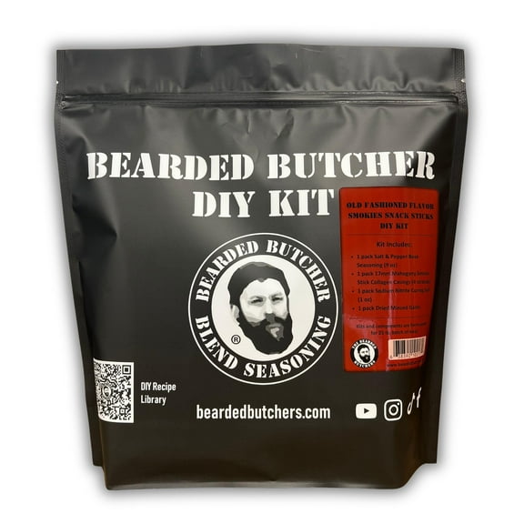 The Bearded Butchers Old Fashioned Smokies Snack Sticks DIY Kit Make 25 lbs at Home Includes Salt & Pepper Seasoning, 17mm Collagen Casings, Curing Salt & Minced Garlic Great for Beef & Venison