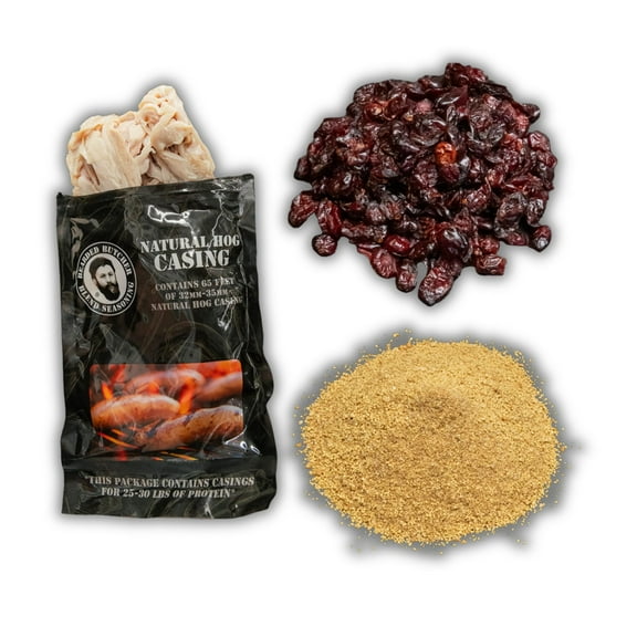 The Bearded Butchers Pumpkin Cranberry Bratwurst DIY Kit  Sweet & Savory Fall Flavors  Pumpkin Spice, Dried Cranberries & 32mm-35mm Natural Hog Casings  For Up to 25 lbs Meat