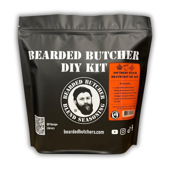 The Bearded Butchers Southern Peach Bratwurst DIY Kit Make Sweet & Savory Brats Includes Maple Seasoning, 32mm Collagen Casings, Dried Diced Peaches For Up to 25 lbs of Meat