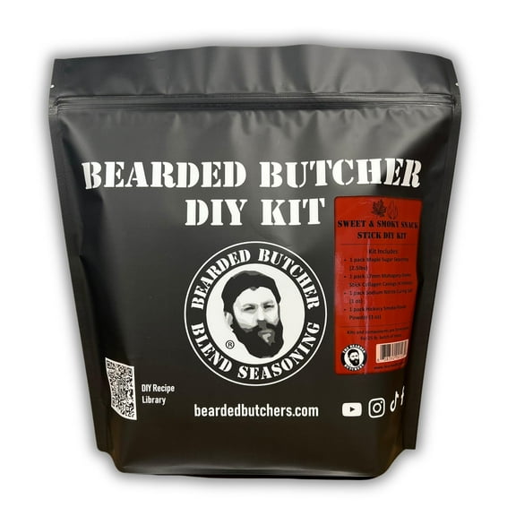 The Bearded Butchers Sweet & Smoky Snack Stick DIY Kit Make 25 lbs of Snack Sticks with Maple Sugar & Hickory Smoke Flavor Includes 17mm Collagen Casings Perfect for Beef, Venison & Game