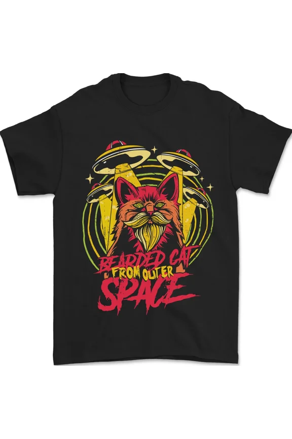 Bearded Cat From Space Outer Space Visitor Flying Saucer Sci-Fi Humor Unisex T-Shirt, up to size 5XL