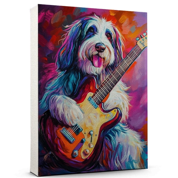 Bearded Collie Dog Playing Guitar Stretched Canvas Size 8x12 – Vintage ...