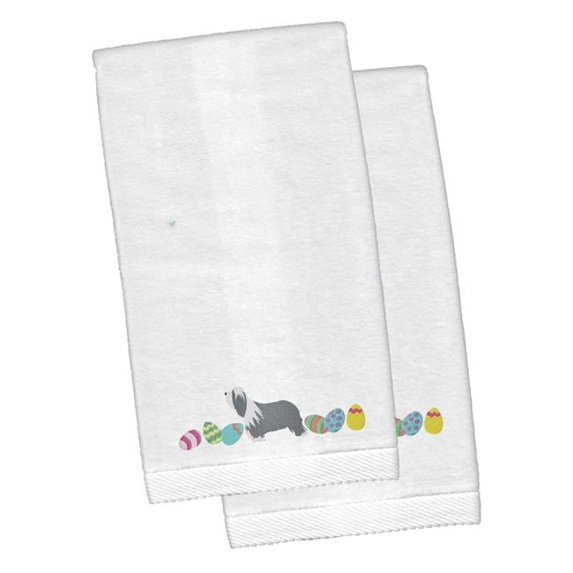 Bearded Collie Easter White Embroidered Plush Hand Towel - Set of 2