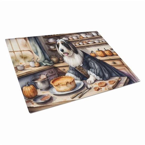 Bearded Collie Fall Kitchen Pumpkins Glass Cutting Board Large 12 in x 15 in