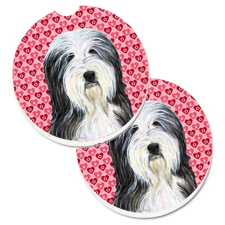 Bearded Collie Hearts Love and Valentines Day Portrait Set of 2 Cup Holder Car Coasters
