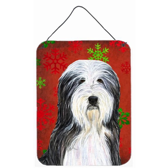 Bearded Collie Red Snowflakes Holiday Christmas Aluminium Metal Wall Or Door Hanging Prints