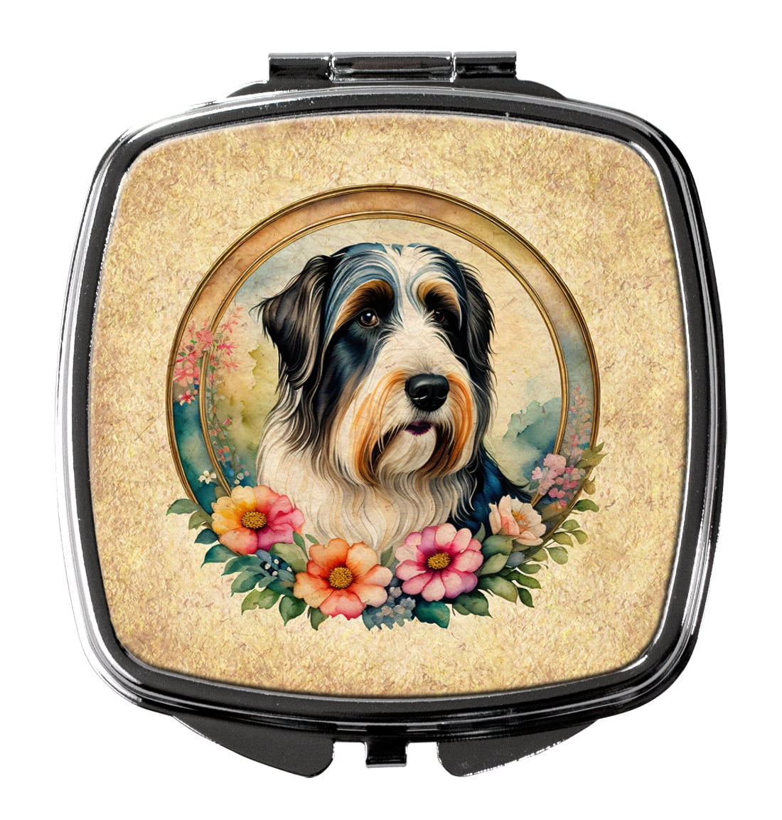 Bearded Collie and Flowers Compact Mirror 2.75 in x 3 in