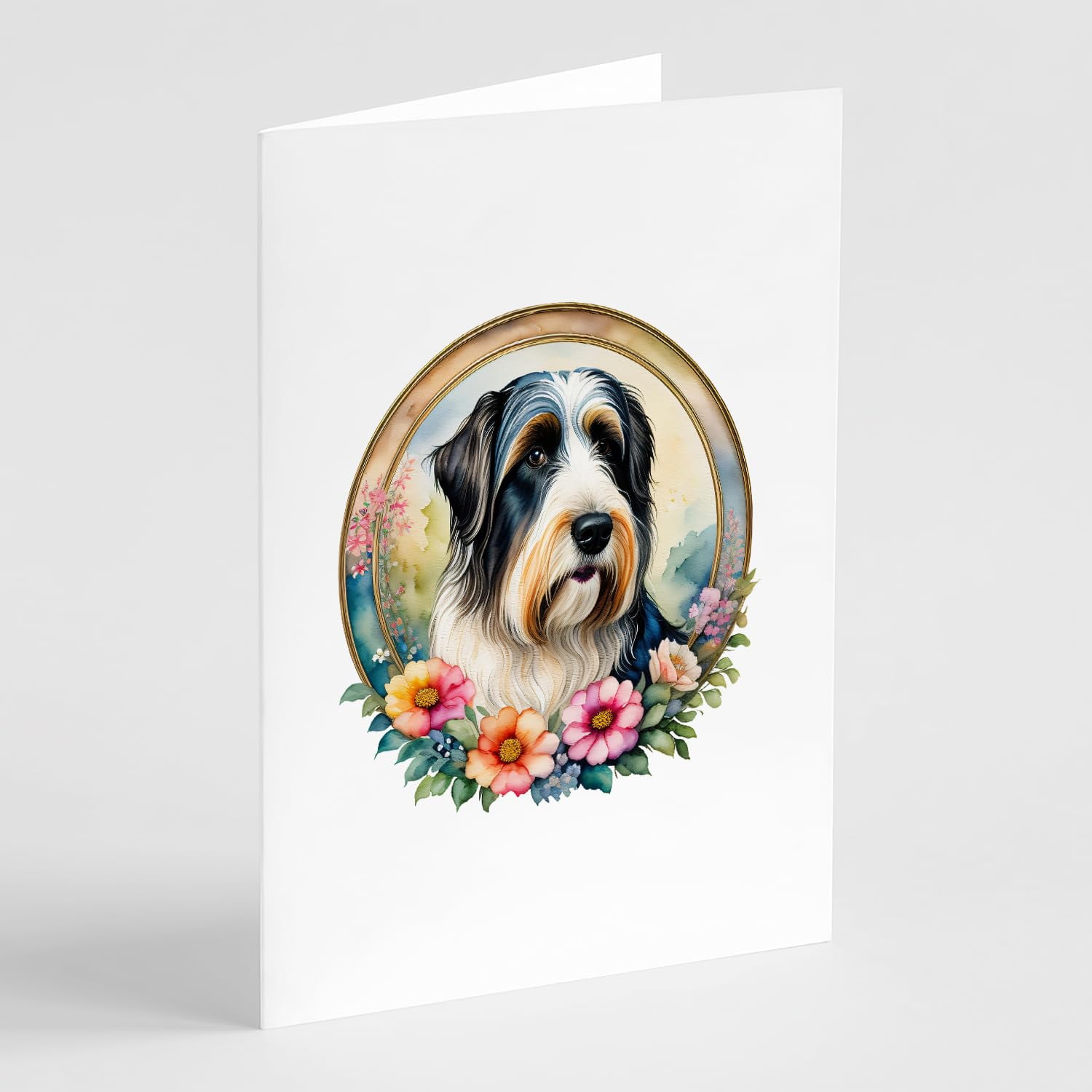Bearded Collie and Flowers Greeting Cards and Envelopes Pack of 8 7 in x 5 in