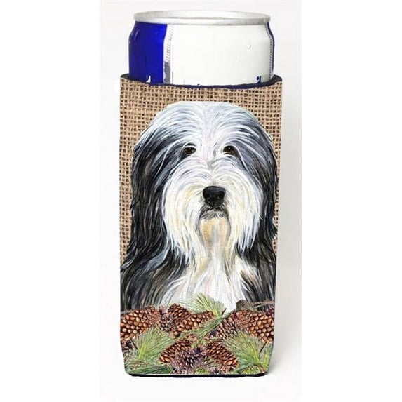 Bearded Collie on Faux Burlap with Pine Cones Michelob Ultra bottle sleeves for slim cans 12 oz.