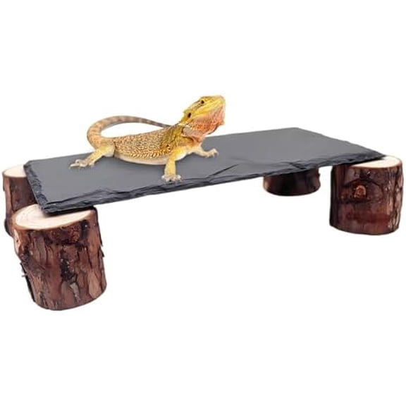 Bearded Dragon Basking Platform, Slate Rocks for Reptiles with Wooden Pile, Leopard Gecko Hides and Caves, Reptile Tank Accessories for Bearded Dragons, Geckos, Ball Pythons, Tortoise (Black, Small)