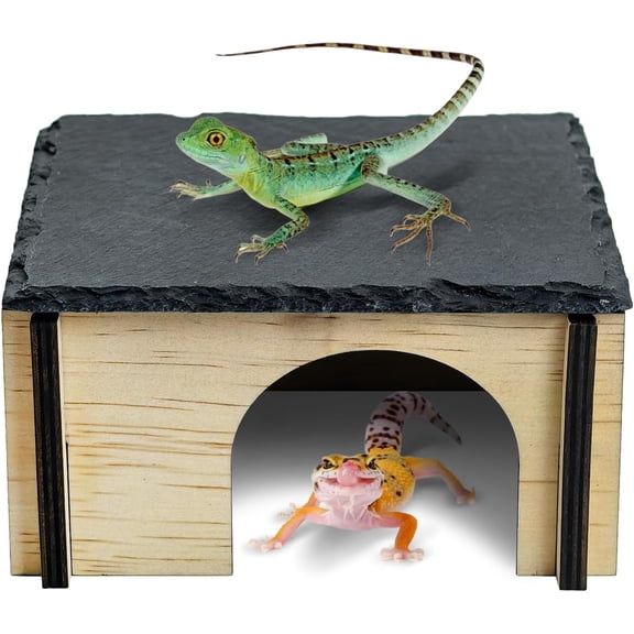 Bearded Dragon Basking Platform, Wood Reptile Hides and Caves, Crested Gecko Hide with Slate Rock, Leopard Gecko Tank Accessories for Small Lizard Snake Turtle (S: 5.9x5.9 inches)