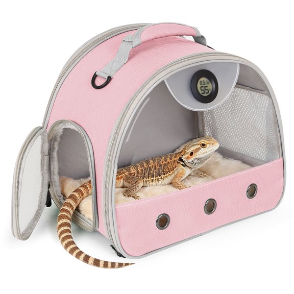 Bearded Dragon Carrier, Reptile Travel Bag with Built-in Thermometer Hygrometer, Breathable Small Animal Carrier with Clear View Window, Portable Lizard Habitat for Ball Python