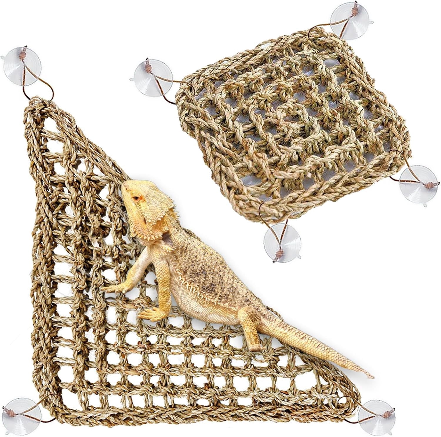 Bearded Dragon Hammock（11.02" x 7.87", 2 PC） Reptile Lounger Climbing Toys Seagrass Fiber Habitat Tank Accessories for Chameleon, Lizards, Geckos, Snakes, Lguana, Amphibian Reptiles Habitats