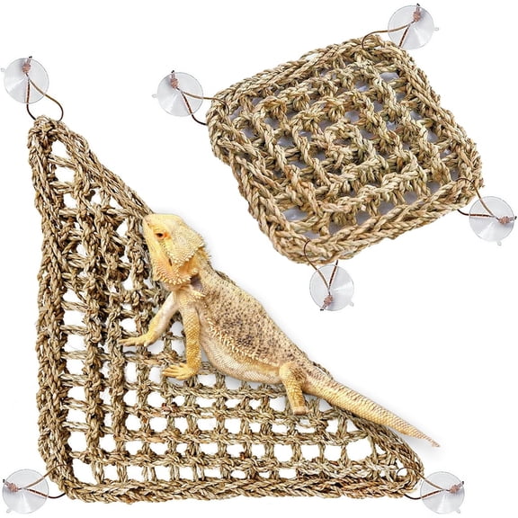 Bearded Dragon Hammock11.02" x 7.87", 2 PC Reptile Lounger Climbing Toys Seagrass Fiber Habitat Tank Accessories for Chameleon, Lizards, Geckos, Snakes, Lguana, Amphibian Reptiles Habitats