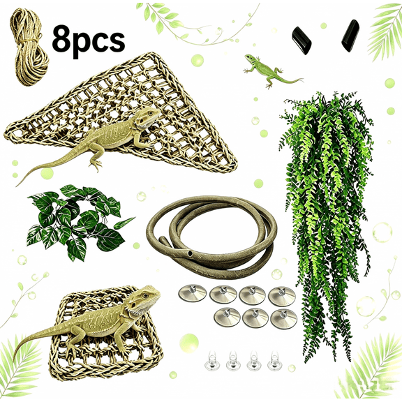 Bearded Dragon Hammock,Lizard Lounger Reptile Tank Hanging Plants Climbing Jungle Vines Flexible Leaves Decorations for Lizards Chameleon Gecko Snakes(8 PCS)