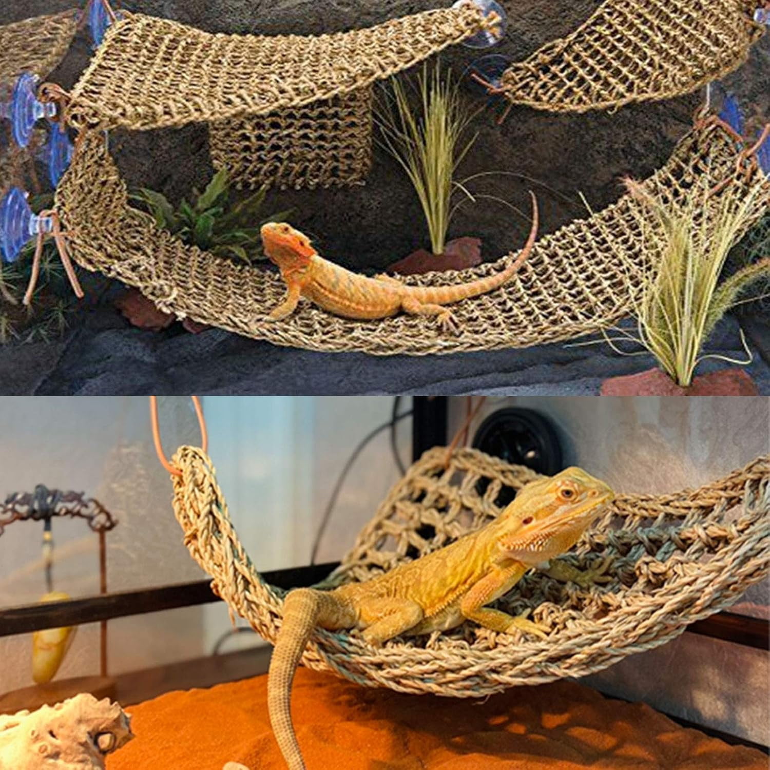 Bearded Dragon Hammock, Reptile Lounger Natural Seagrass Lizard Habitat Tank Accessories Jungle Climber Vines Flexible Leaves Decor for Climbing Reptiles Chameleon Gecko Snakes