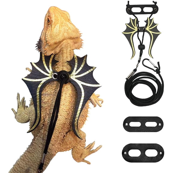 Bearded Dragon Harness with Wings, Adjustable Reptile Leash & Leather Lizard Vest for Safe Outdoor Walking (S/M/L Included)