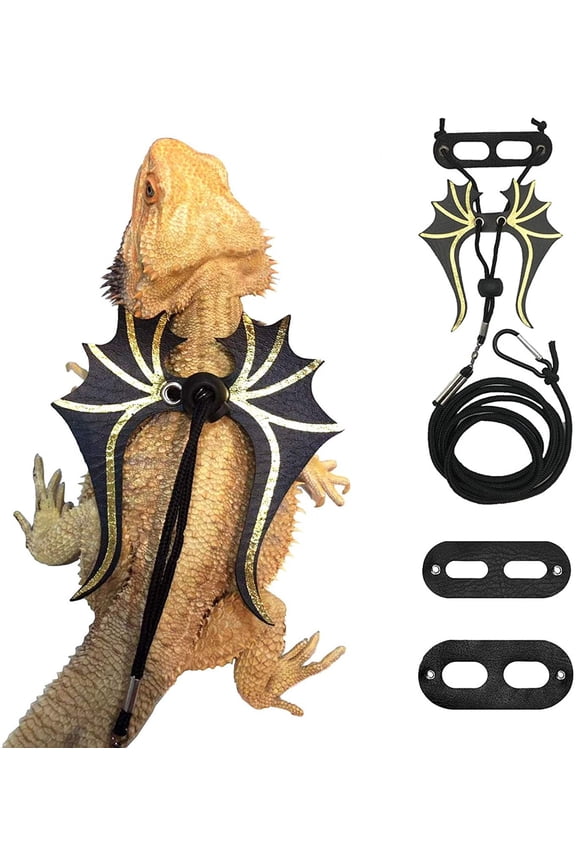 Bearded Dragon Harness with Wings, Adjustable Reptile Leash & Leather Lizard Vest for Safe Outdoor Walking (S/M/L Included)