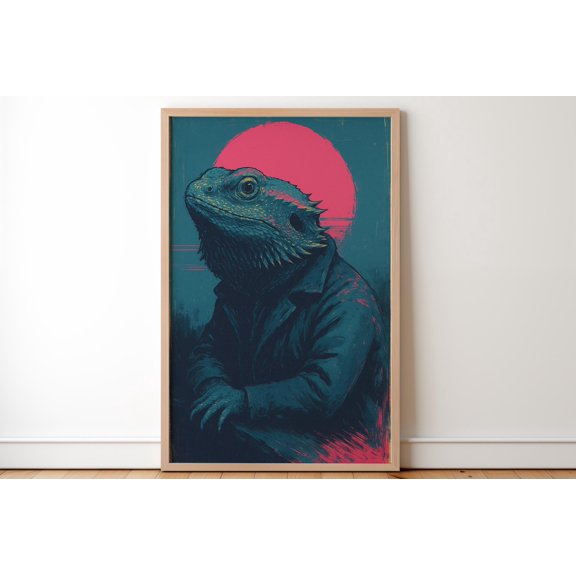 Bearded Dragon In Leather Jacket Art Print Retro Synthwave Home Decor Office Wall Art