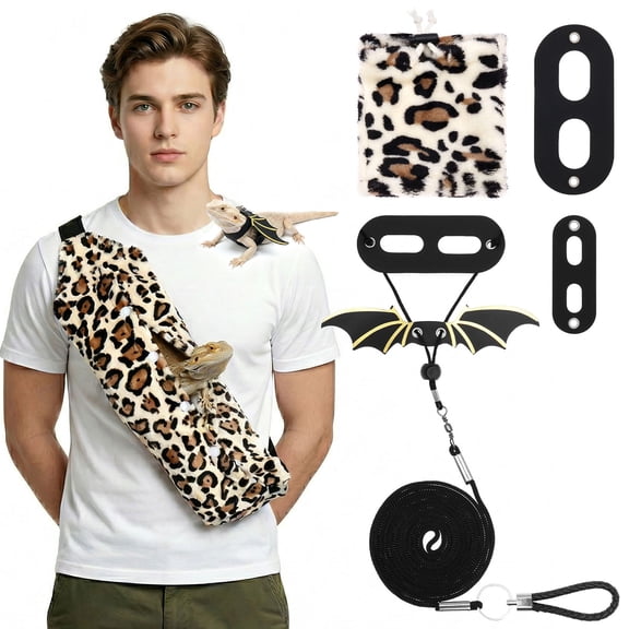 Bearded Dragon Lizard Leash Harness 3 Piece Set Reptile Small Pet Backpack 3 Size Pack Adjustable Bearded Dragon Harness and Soft Comfortable Lizard Vest Leopard Pattern