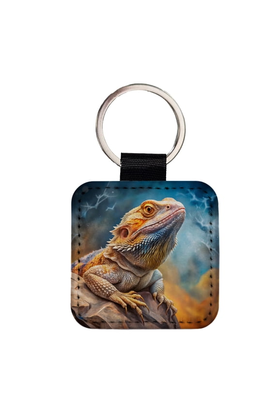 Bearded Dragon Lizard On Rock Stormy Scene Reptile Watercolor Faux Leather Square Keychain