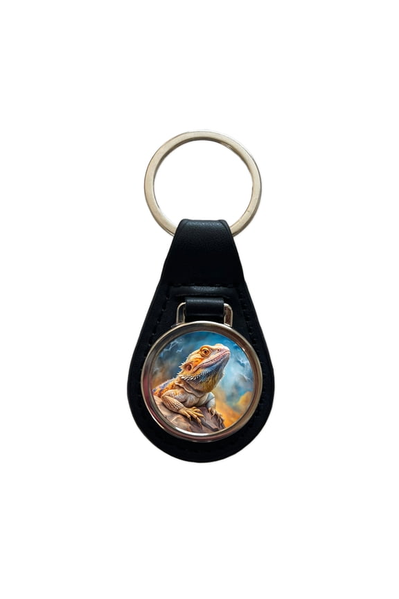Bearded Dragon Lizard On Rock Stormy Scene Reptile Watercolor Metal Black Leather Keychain