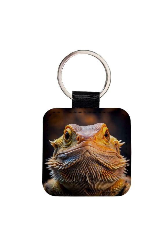 Bearded Dragon Lizard Reptile Face Faux Leather Square Keychain